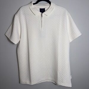 Marc Asher Mens Textured Polo Golf Shirt Short Sleeve Off‎ White Zip Collar Sz M